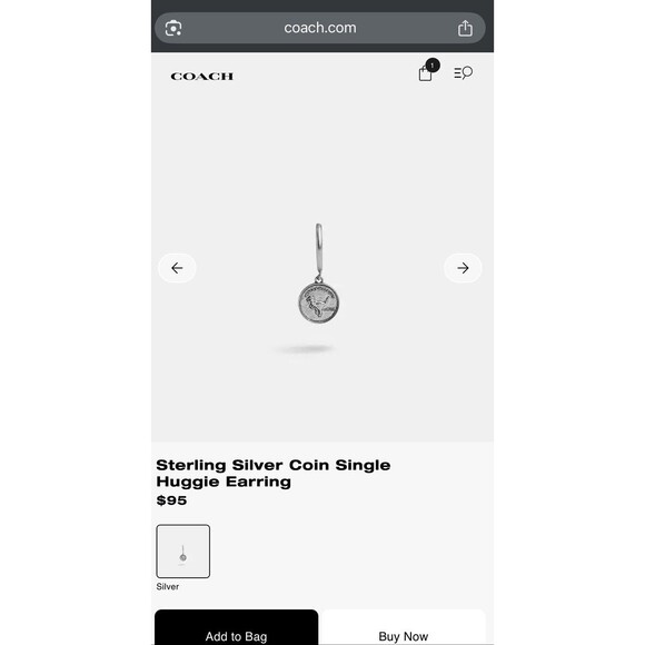 Coach Unisex Sterling Silver Coin Single Huggie Earring NWT $95 retail - Picture 1 of 6
